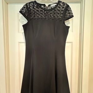 Calvin Klein Black Cap-Sleeve Fit & Flare Dress with Lace Yoke